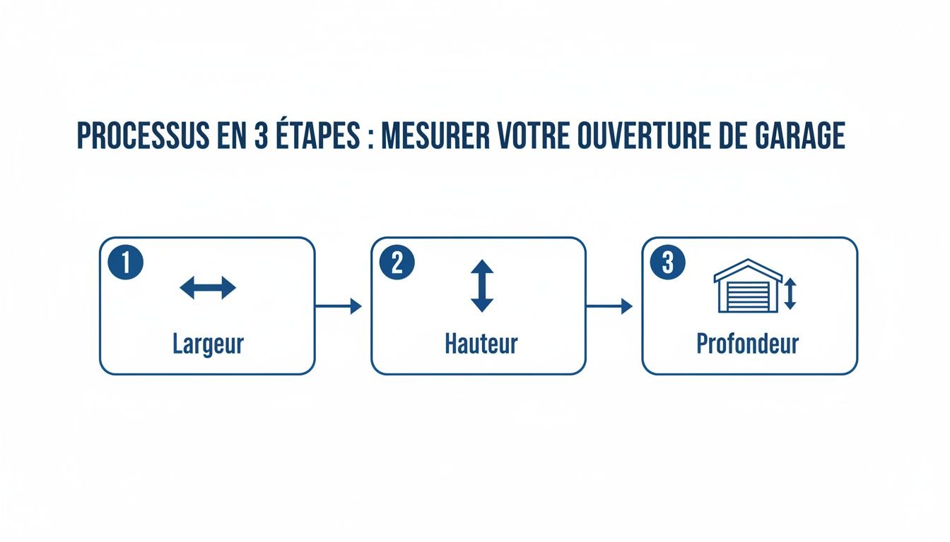 Illustration du processus en 3 étapes pour mesurer une ouverture de garage : largeur, hauteur, et profondeur.