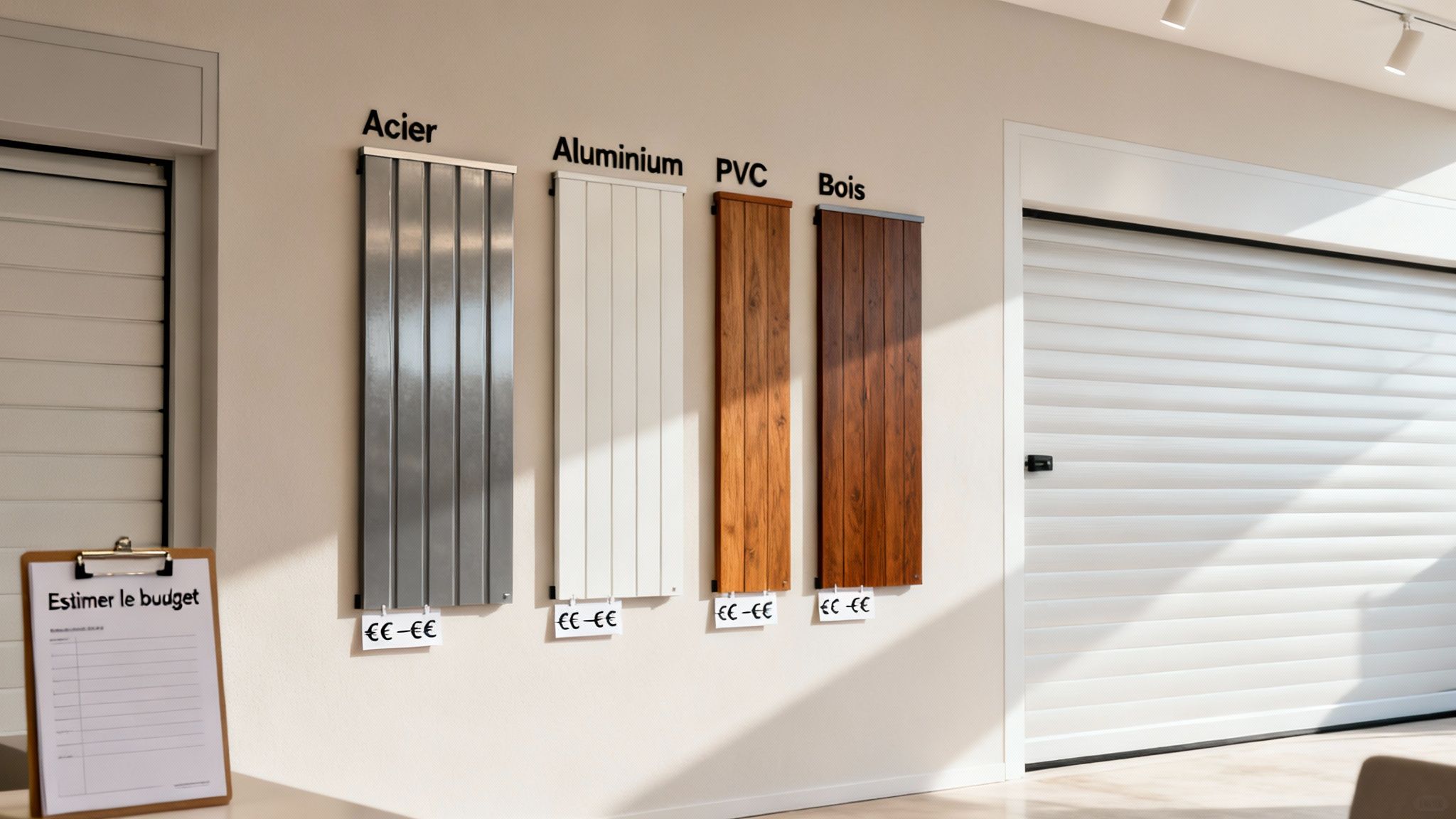 Échantillons de matériaux (Acier, Aluminium, PVC, Bois) pour portes de garage avec indications de prix pour aider à estimer le budget.