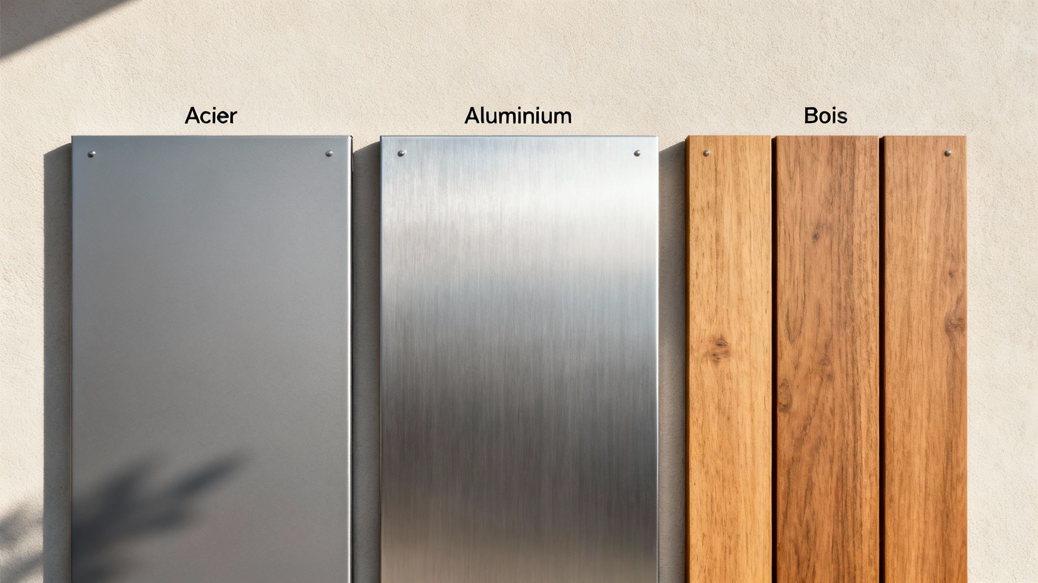 Trois panneaux, acier, aluminium et bois, illustrant des matériaux pour portes de garage, fixés sur un mur clair.