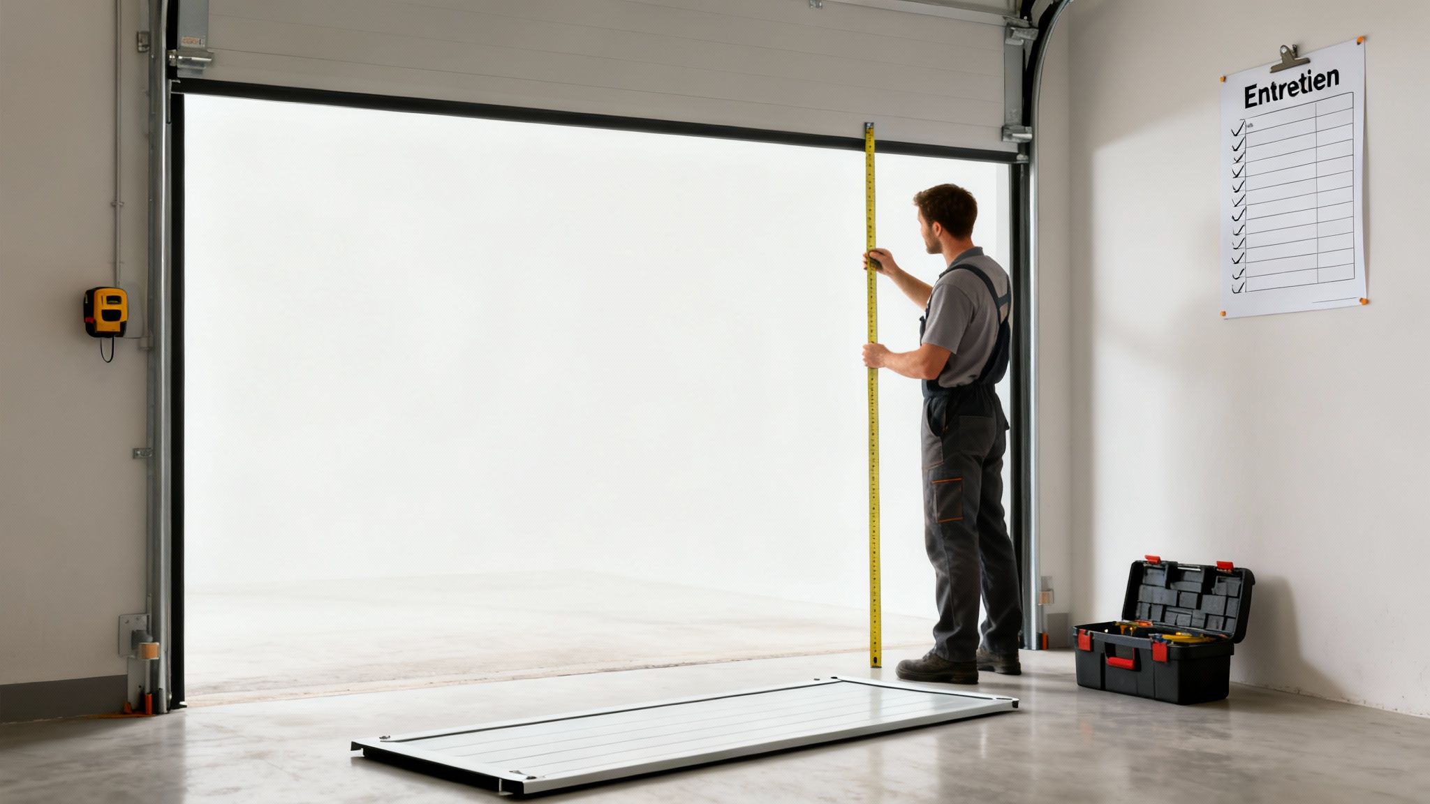 Un homme mesure l'ouverture d'une porte de garage sectionnelle, avec un panneau neuf au sol.
