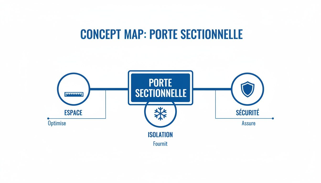 Carte conceptuelle expliquant comment une porte sectionnelle optimise l'espace, offre isolation et sécurité.