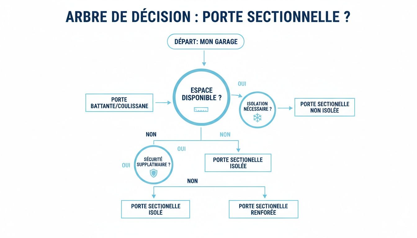 Arbre de décision pour choisir une porte de garage sectionnelle, basé sur l'espace disponible, l'isolation et la sécurité.