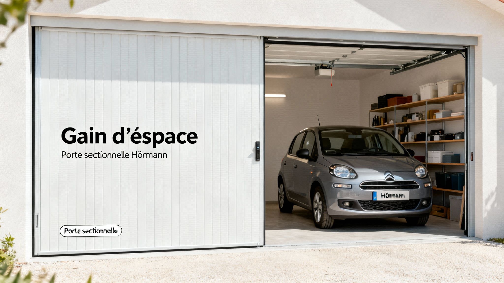 Porte de garage sectionnelle Hörmann blanche, partiellement ouverte, montrant une voiture et des étagères organisées à l'intérieur.