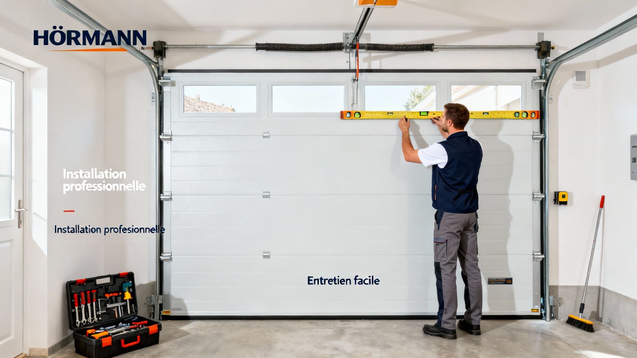 Un homme installe une porte de garage sectionnelle Hörmann avec un niveau, soulignant l'installation professionnelle et l'entretien facile.
