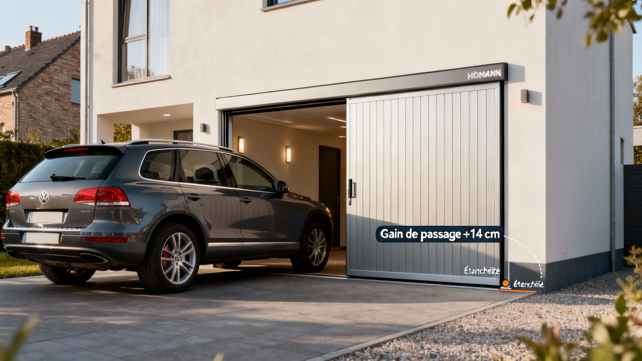 Porte de garage sectionnelle Hörmann blanche, partiellement ouverte, avec voiture SUV grise, mettant en avant le gain de passage et l'étanchéité.