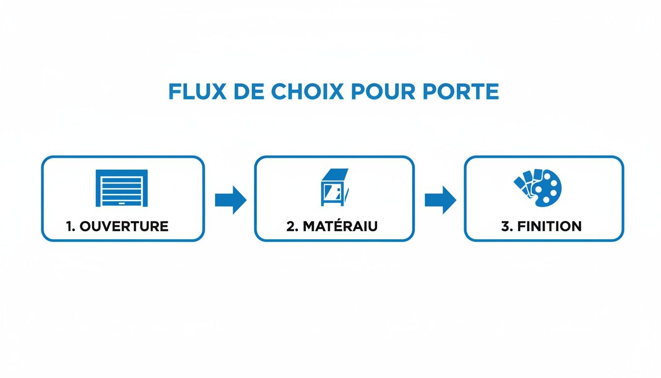 Infographie simple illustrant les trois étapes de choix pour une porte : ouverture, matériau et finition.