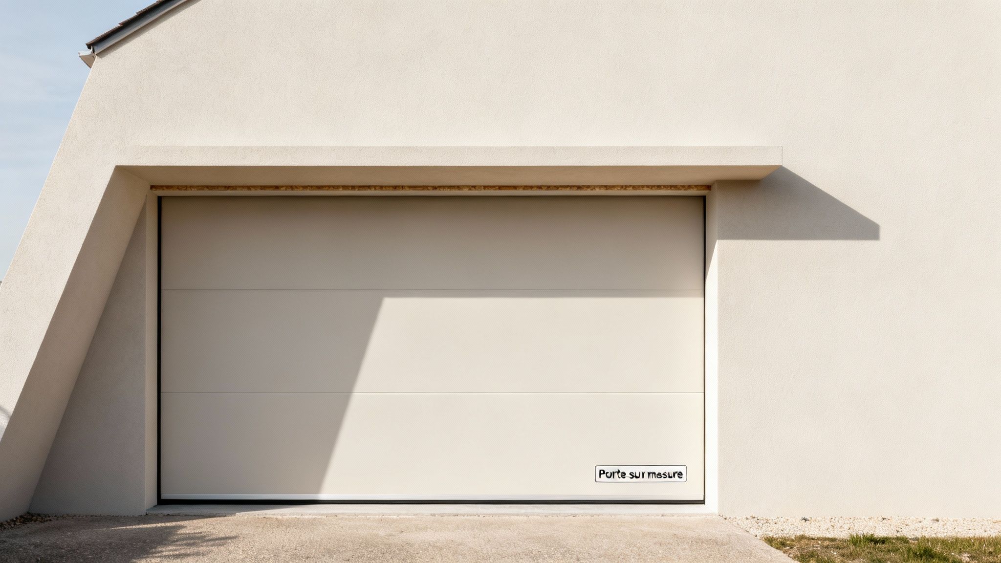 Une maison moderne avec une porte de garage personnalisée couleur crème, soulignée par une ombre architecturale.