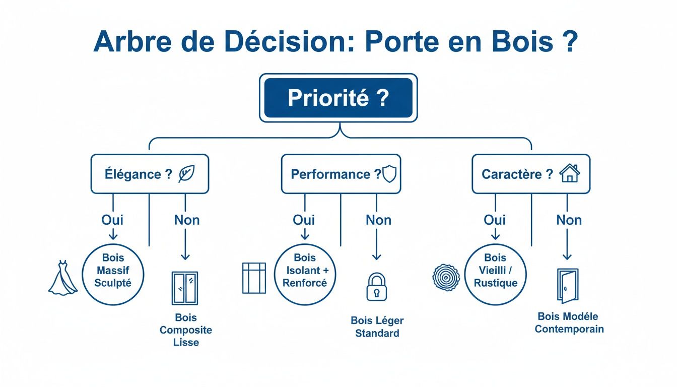 Arbre de décision pour choisir une porte en bois, guidant selon les priorités d'élégance, performance ou caractère.