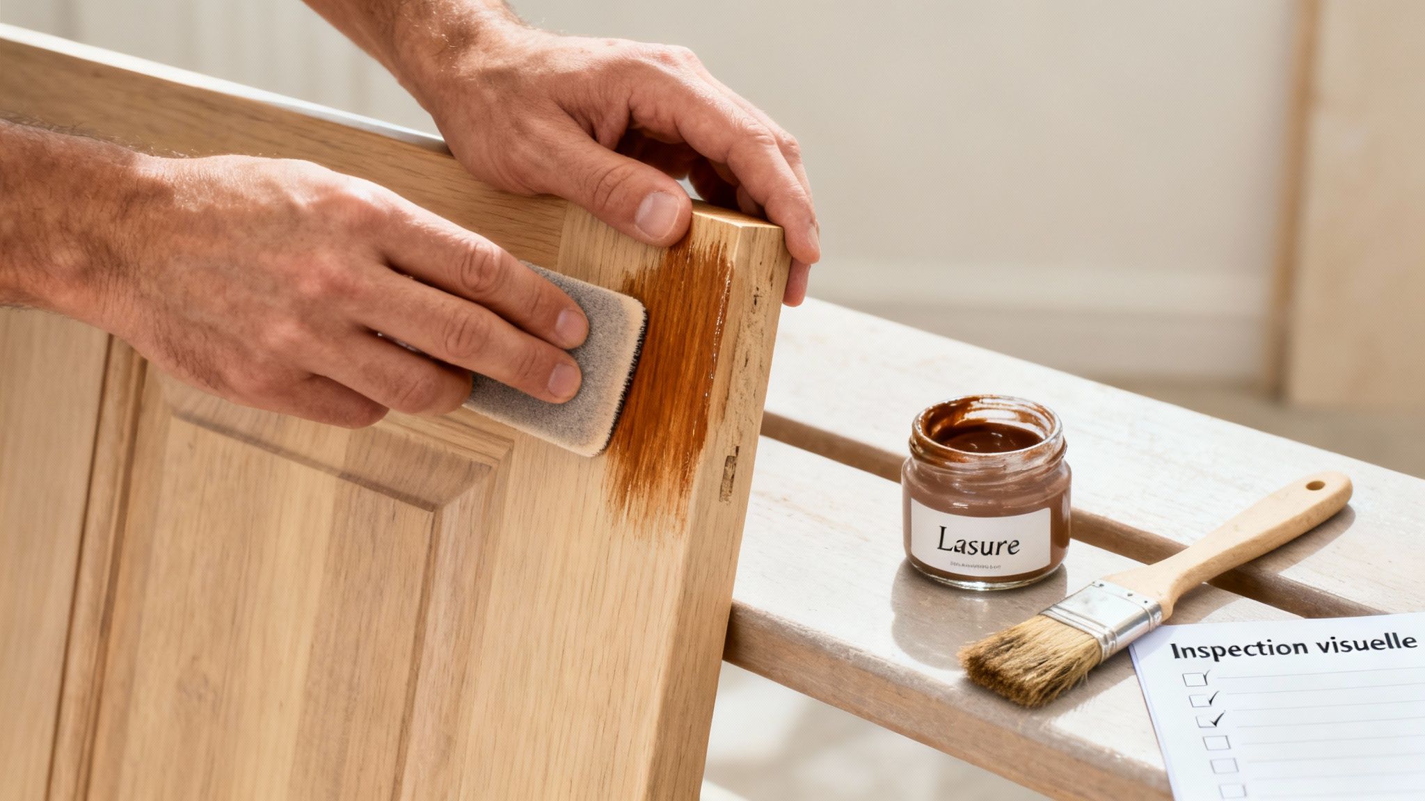 Un homme applique une lasure protectrice sur une porte en bois clair avec une éponge.