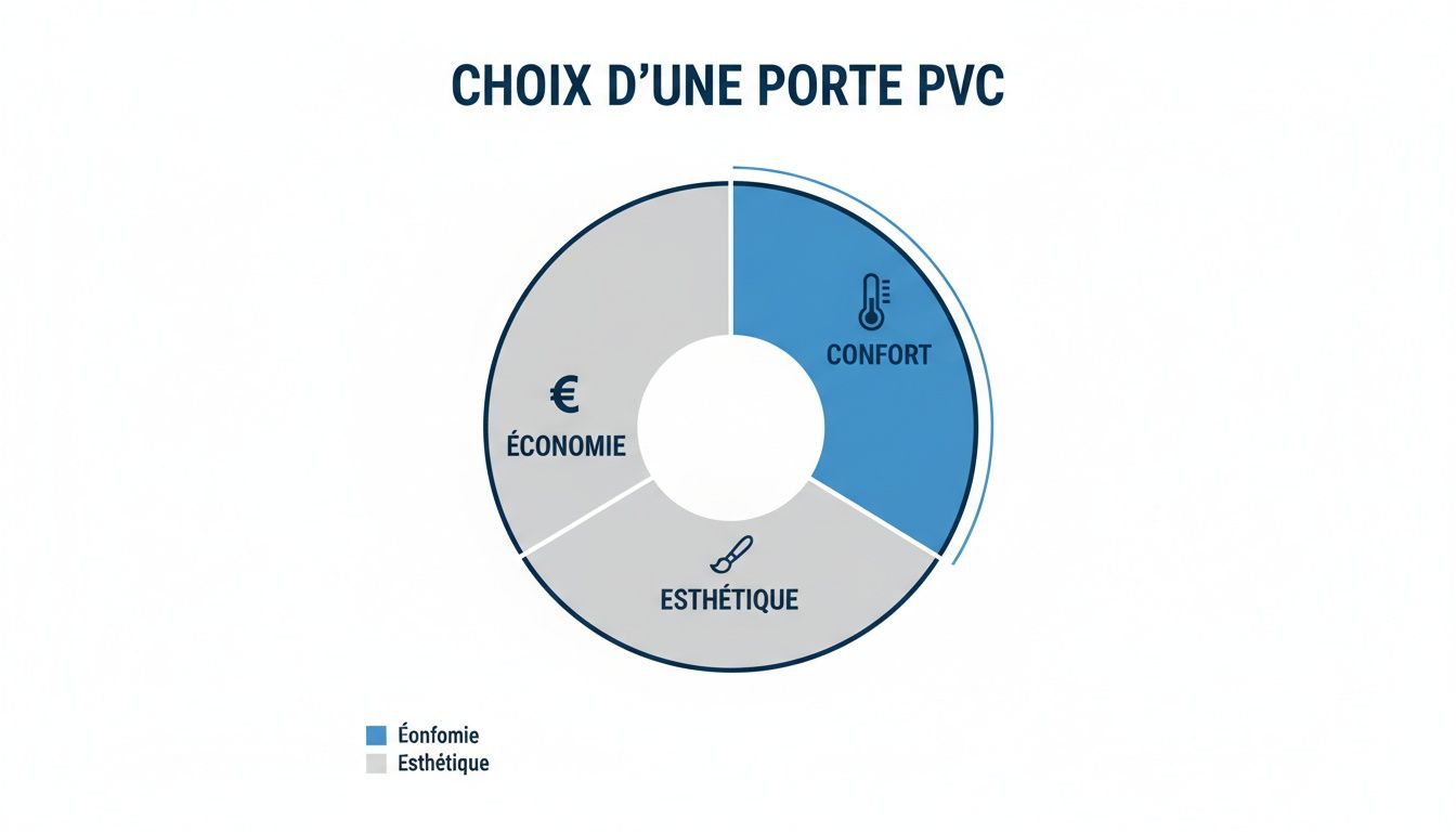 Infographie présentant les trois critères principaux pour le choix d'une porte PVC : confort, économie et esthétique.