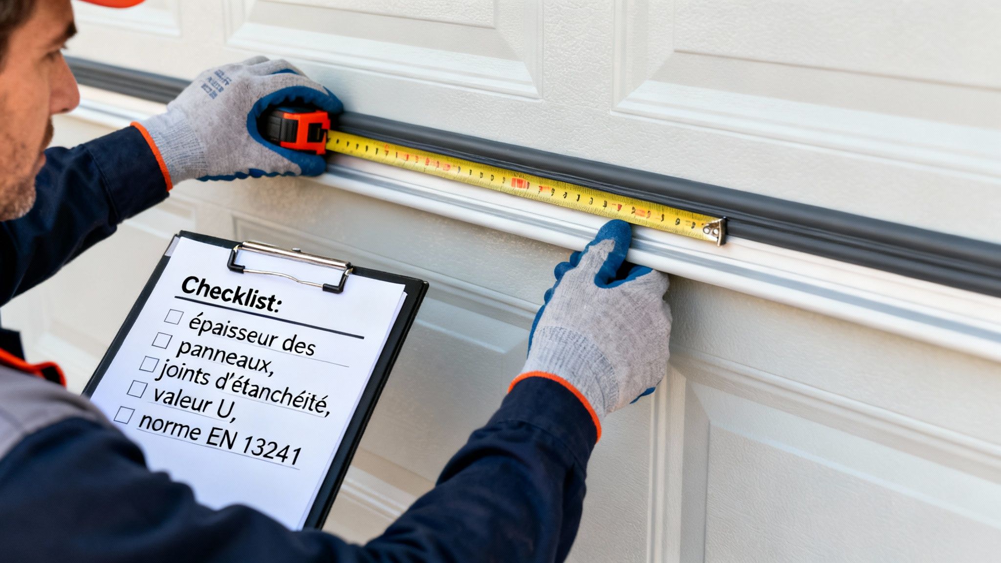 Un technicien mesure une porte de garage avec un mètre ruban, vérifiant les critères sur une checklist.