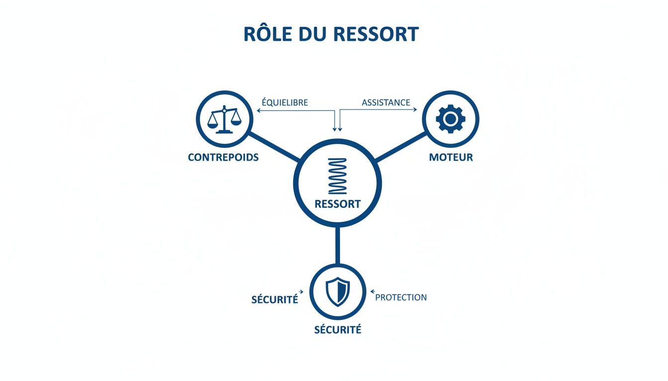 Diagramme illustrant les multiples rôles d'un ressort : contrepoids, assistance moteur et sécurité.
