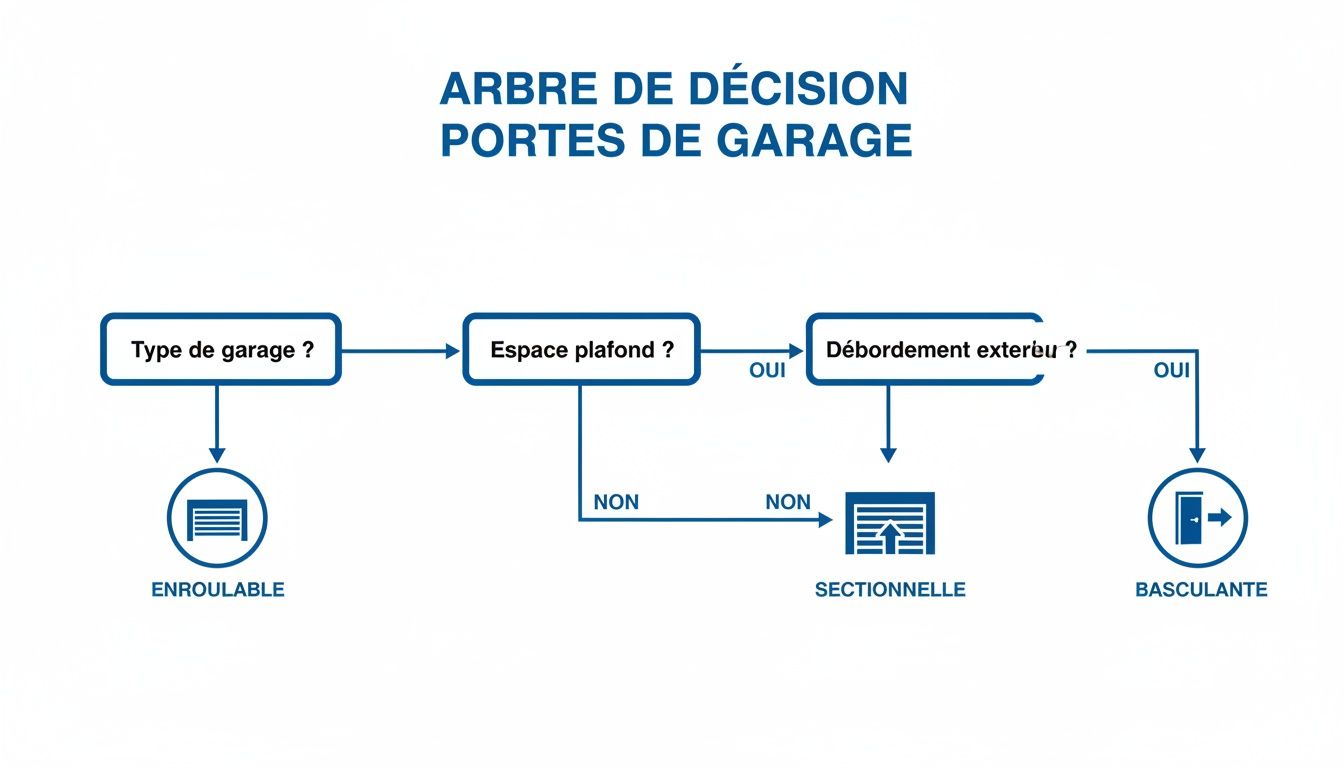Schéma d'aide à la décision pour choisir le modèle de porte de garage adapté à vos besoins.
