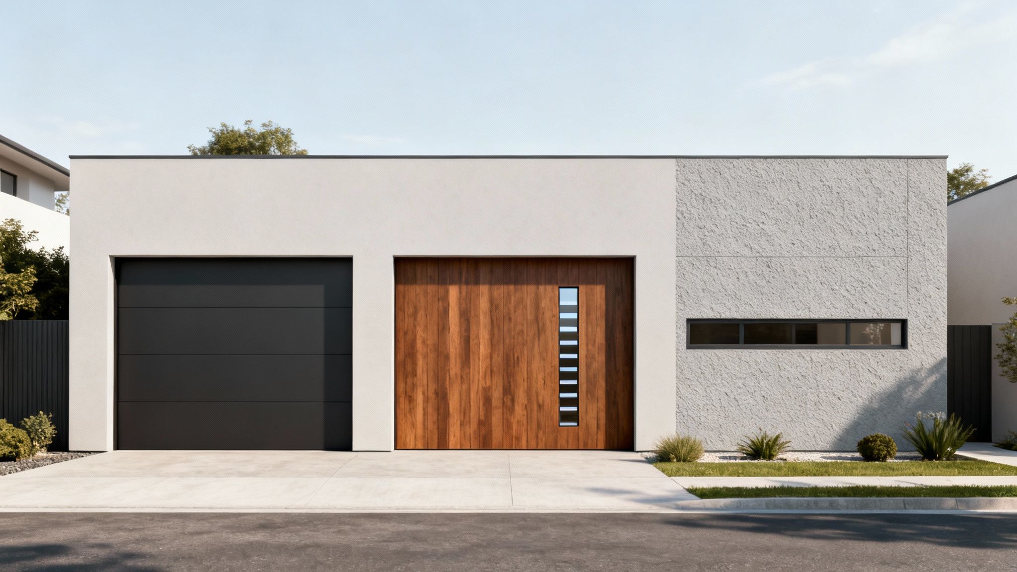 Façade moderne d'une maison avec deux portes de garage, l'une noire, l'autre en bois avec fenêtre verticale et un mur texturé.