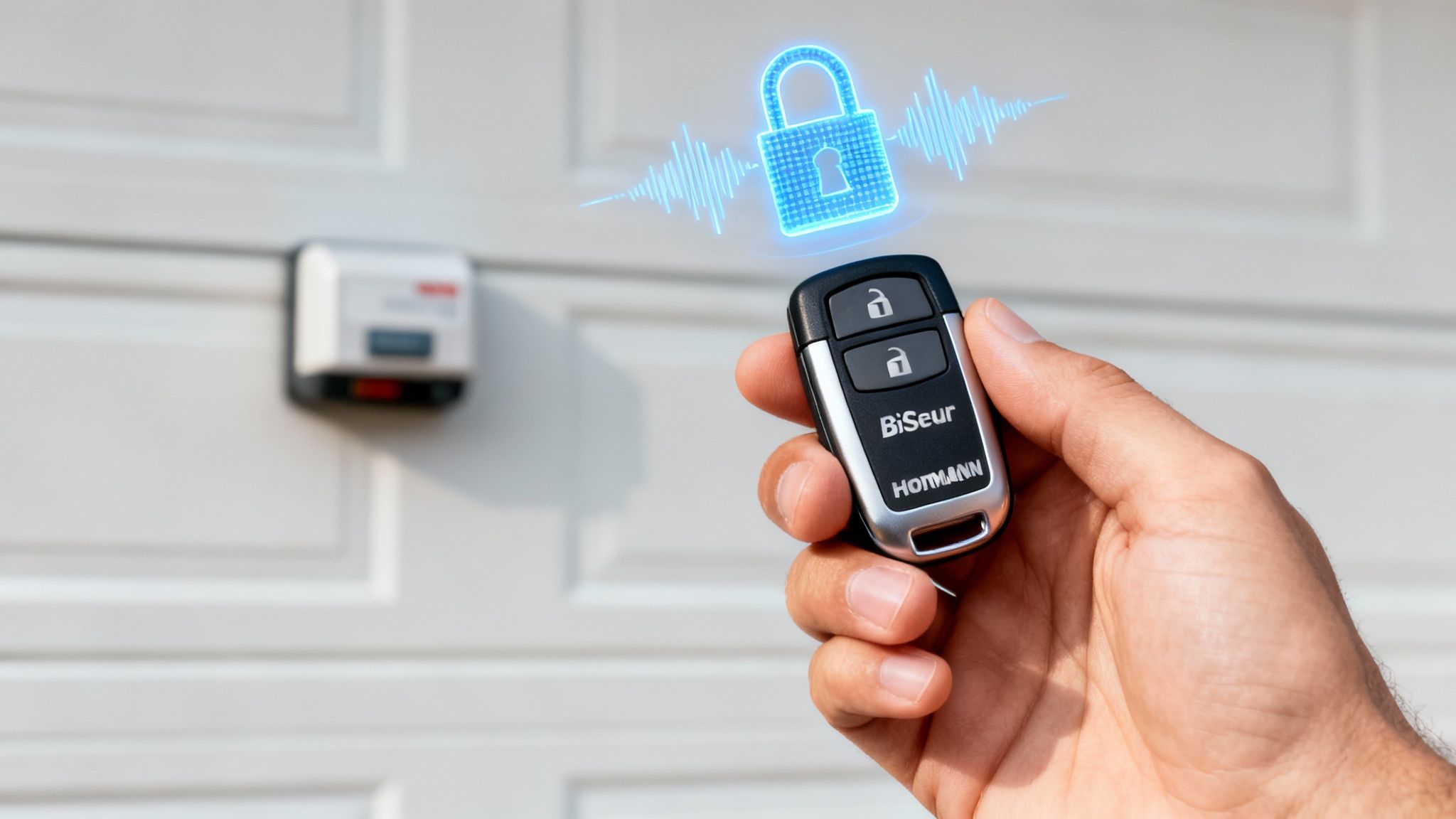 Main tenant une télécommande de porte de garage Hörmann, avec un cadenas numérique bleu lumineux et des ondes sonores, symbolisant la sécurité.