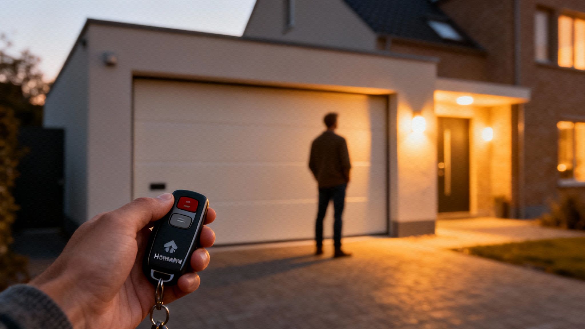 Main tenant une télécommande Hörmann devant un garage moderne et une personne, au crépuscule.