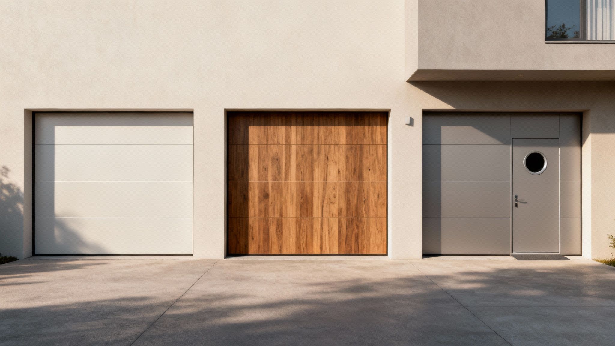 Trois portes de garage modernes, une blanche, une en bois et une grise avec hublot, sur une façade beige, avec une allée en béton.