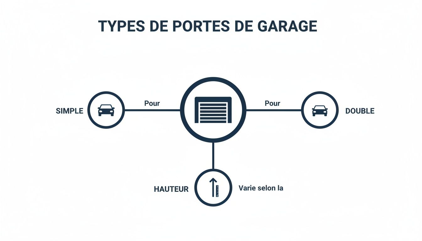 Infographie montrant les types de portes de garage : simple pour une voiture, double pour deux, et la hauteur variable.