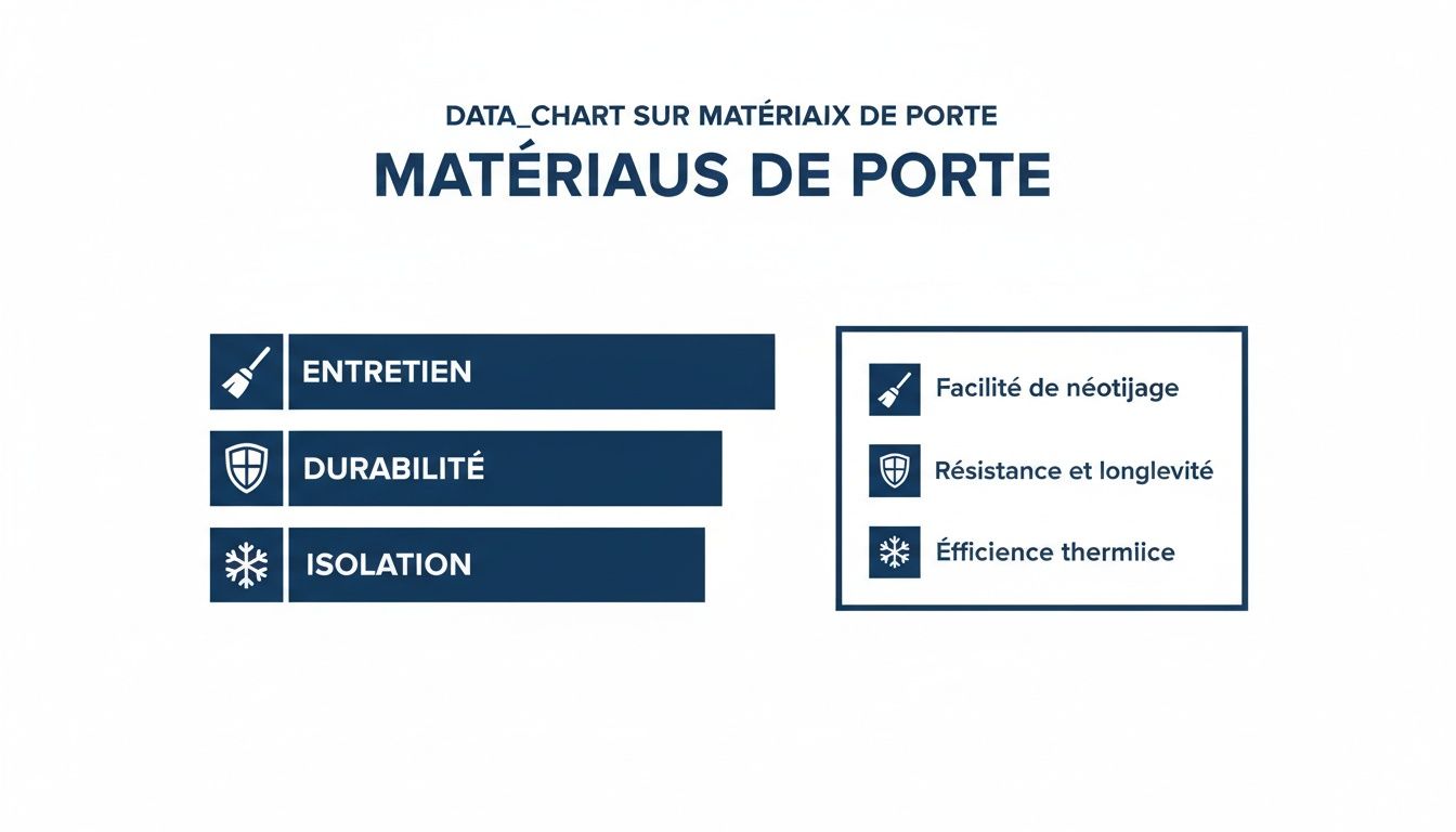 Graphique des matériaux de porte illustrant l'entretien, la durabilité et l'isolation, avec leurs définitions détaillées.
