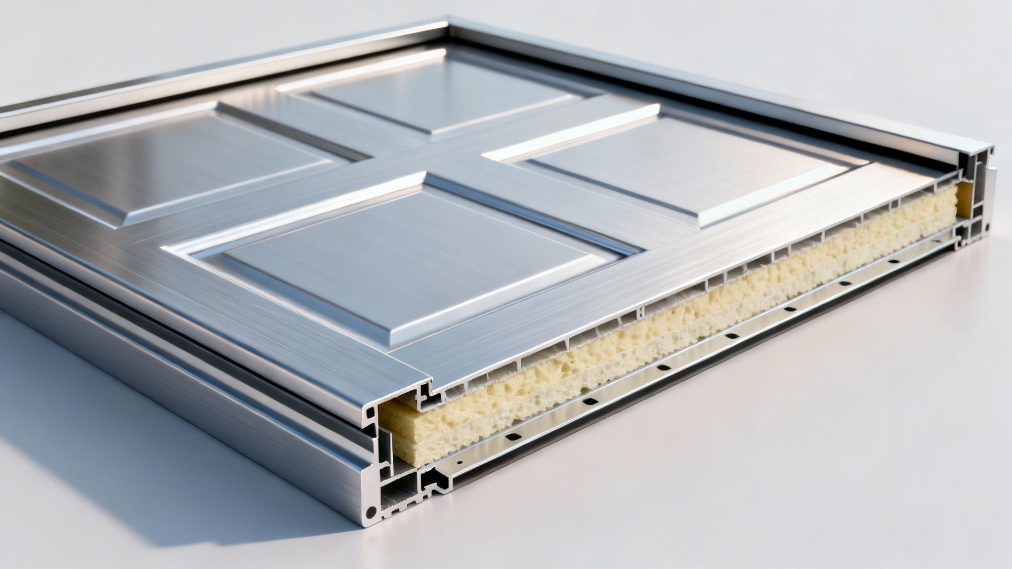Section transversale d'un panneau de porte en aluminium moderne avec isolation thermique, montrant sa structure interne.