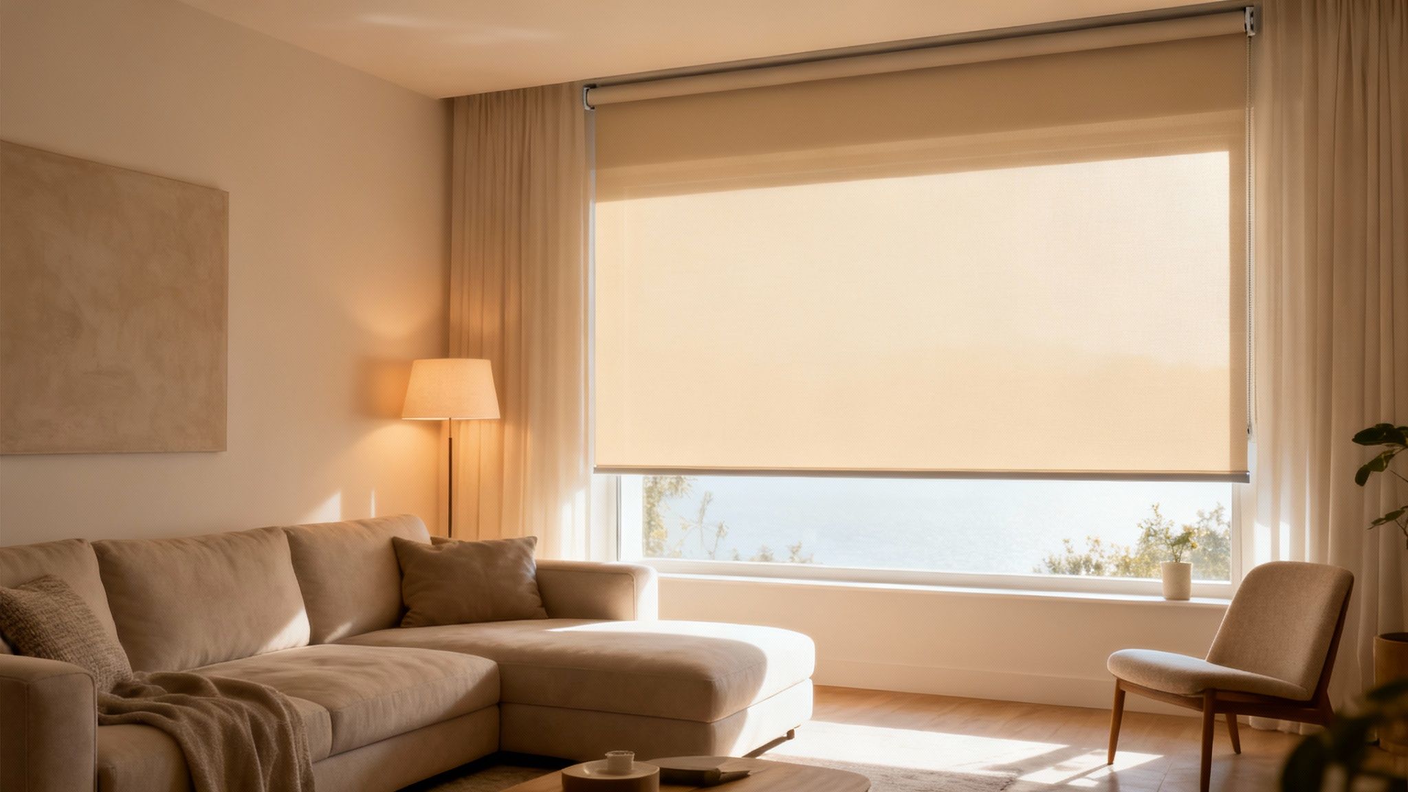 Intérieur de salon moderne avec grand canapé et store enrouleur beige couvrant une fenêtre lumineuse.