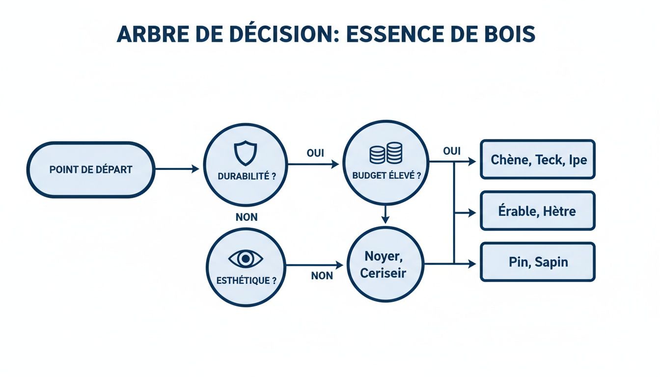 Arbre de décision aidant à choisir une essence de bois selon la durabilité, le budget et l'esthétique.