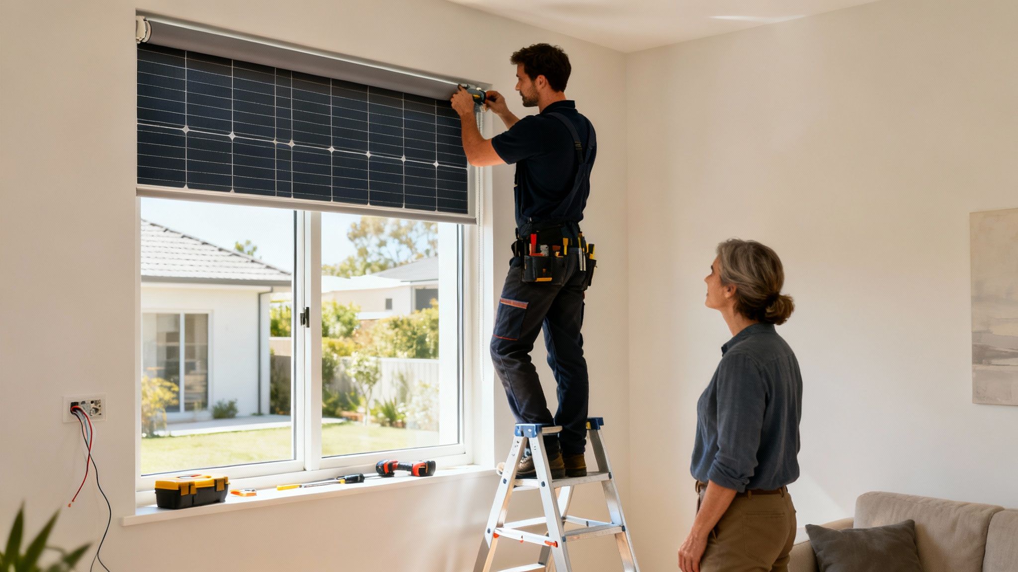 Un homme installe un volet roulant solaire sur une fenêtre, sous le regard attentif d'une femme.