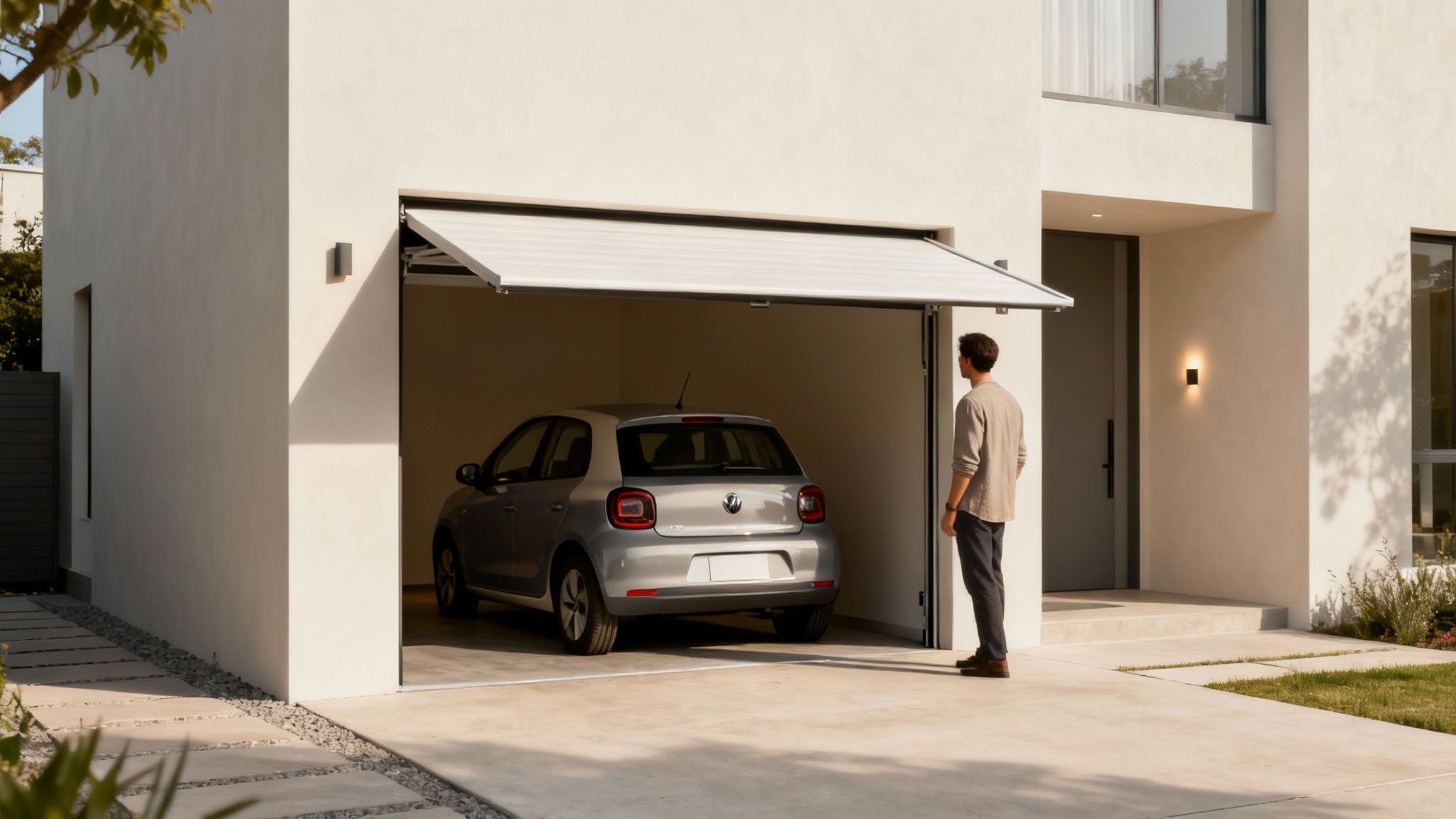 Un homme regarde une voiture grise garée dans un garage ouvert d'une maison moderne et lumineuse.