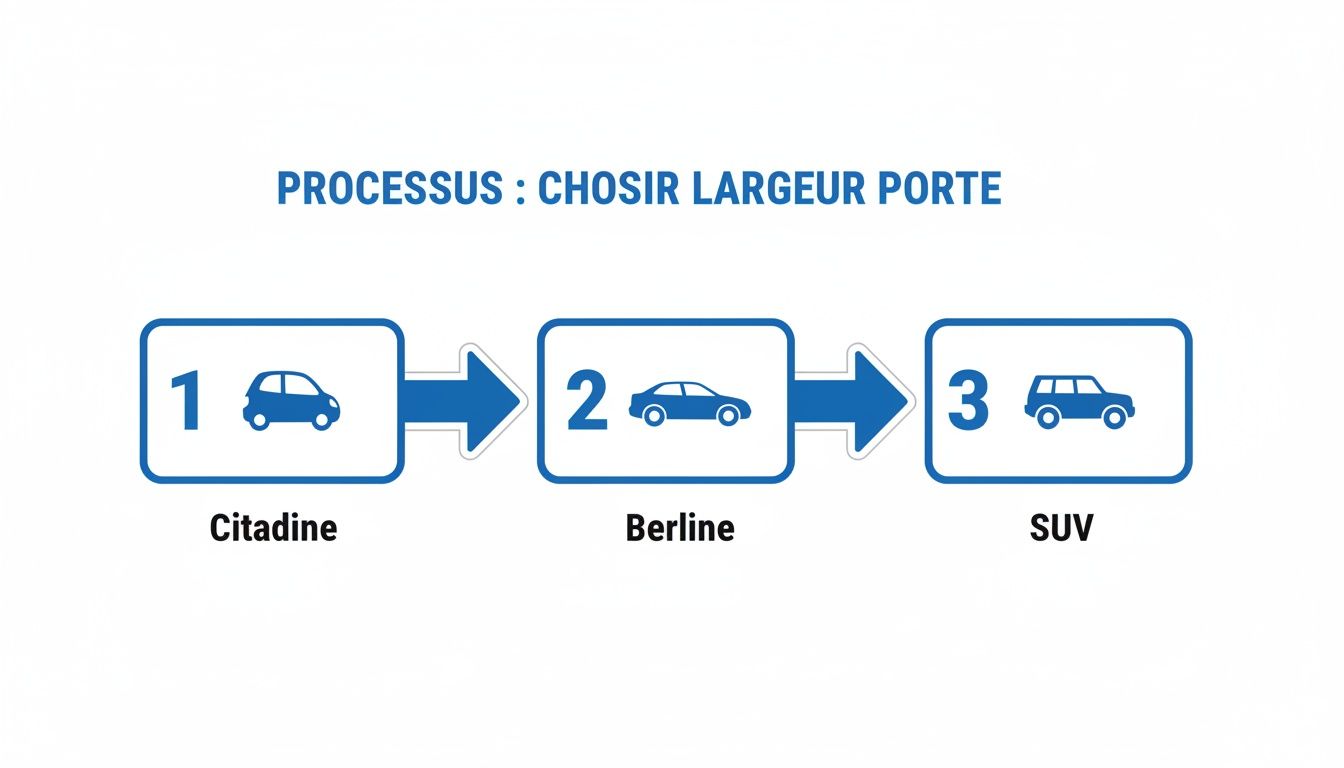 Infographie illustrant le processus de choix de la largeur de porte selon le type de véhicule : Citadine, Berline, SUV.