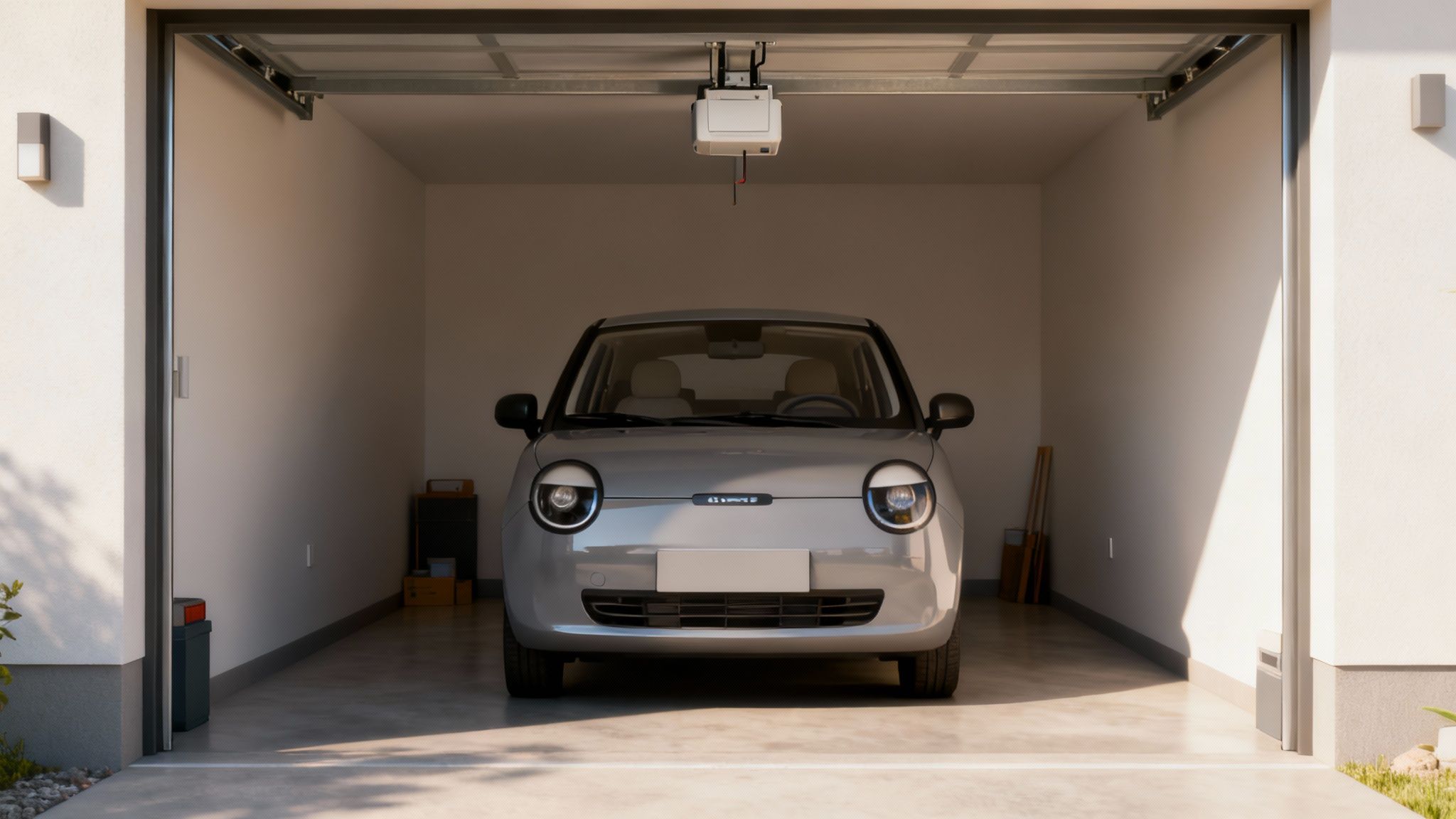 Une voiture électrique grise est garée à l'intérieur d'un garage moderne avec la porte ouverte, baignée de lumière naturelle.