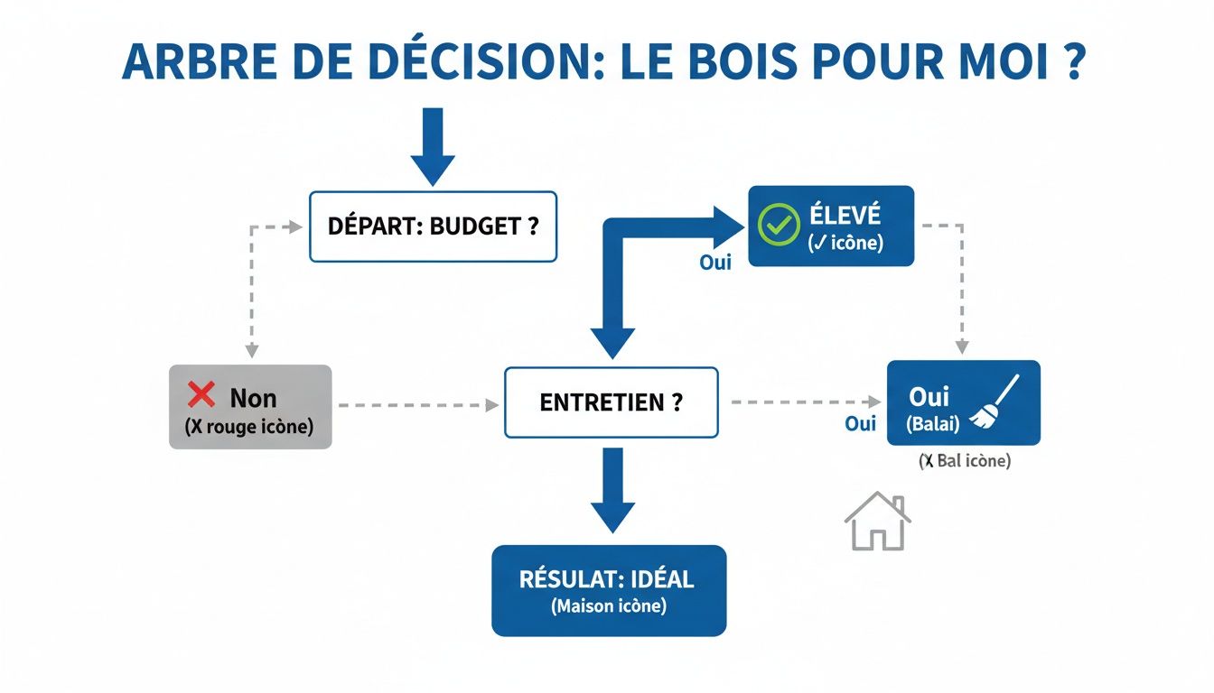 Schéma d'arbre de décision pour choisir le bois idéal selon votre budget et l'entretien souhaité.
