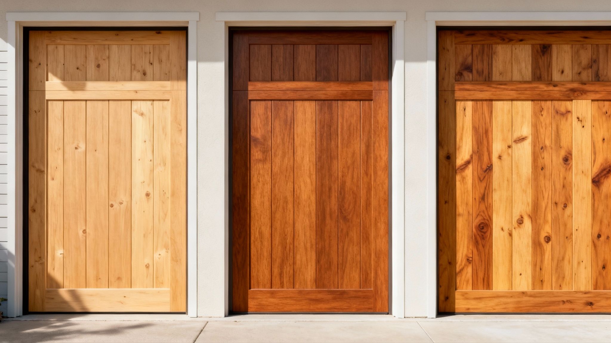 Trois portes de garage en bois de teintes différentes, offrant un aspect naturel et élégant.