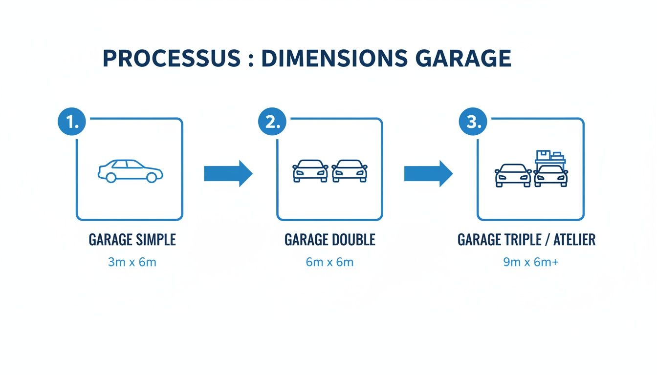 Infographie illustrant le processus et les dimensions standards pour les garages simple, double et triple, avec leurs tailles respectives.