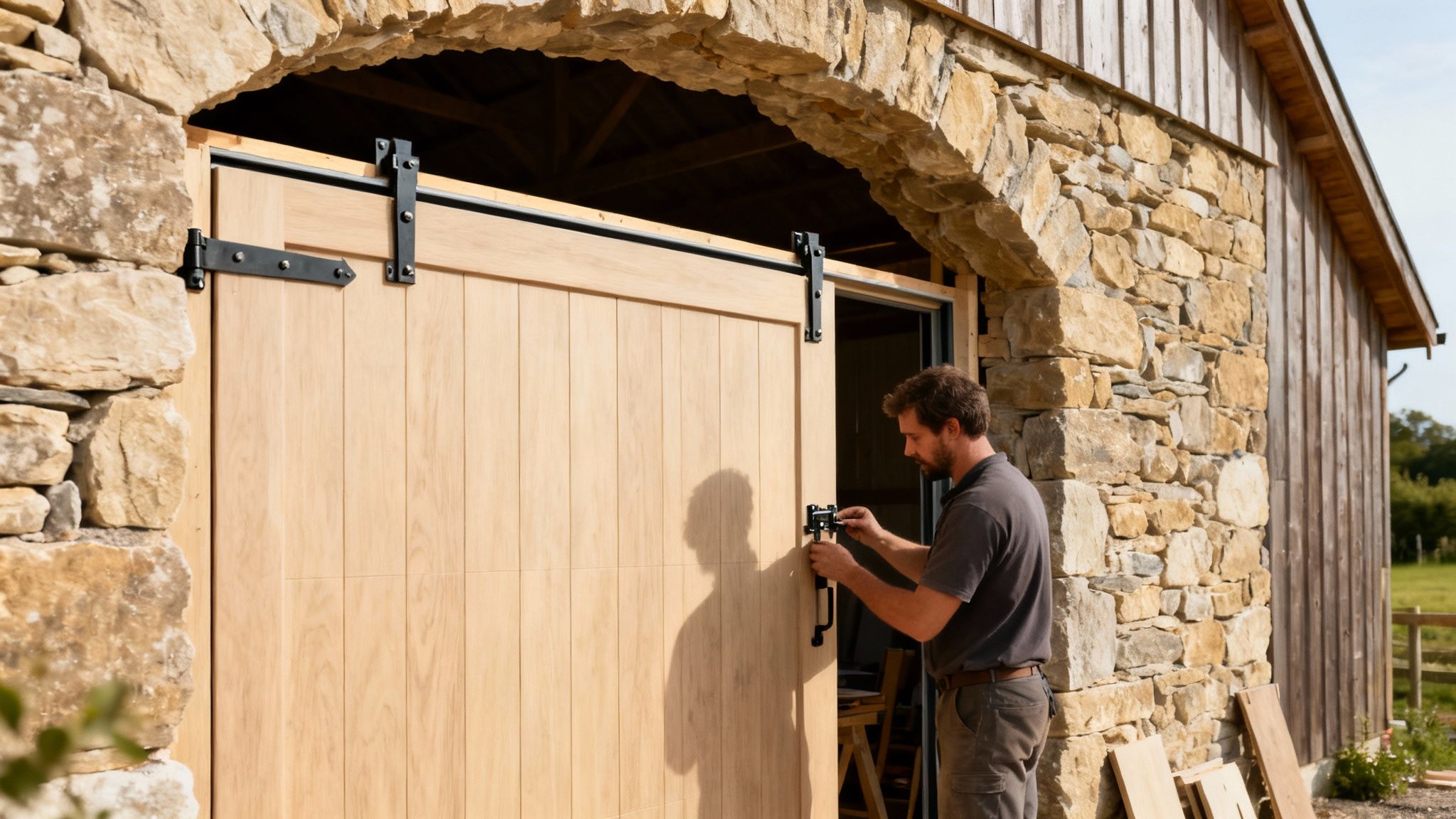 Un homme installe une porte de grange coulissante en bois clair avec des ferrures noires, dans une arche en pierre.