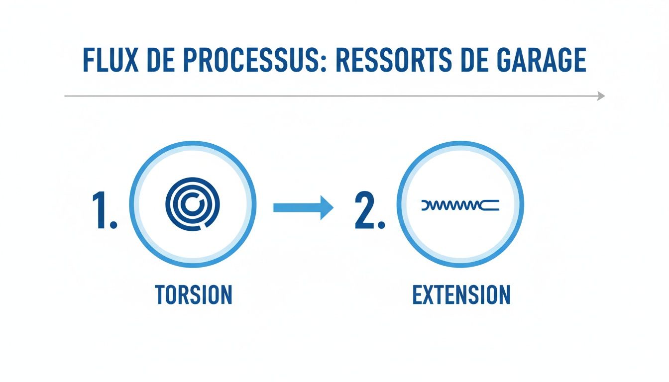 Diagramme illustrant le flux de processus des ressorts de garage: ressorts de torsion et ressorts d'extension.