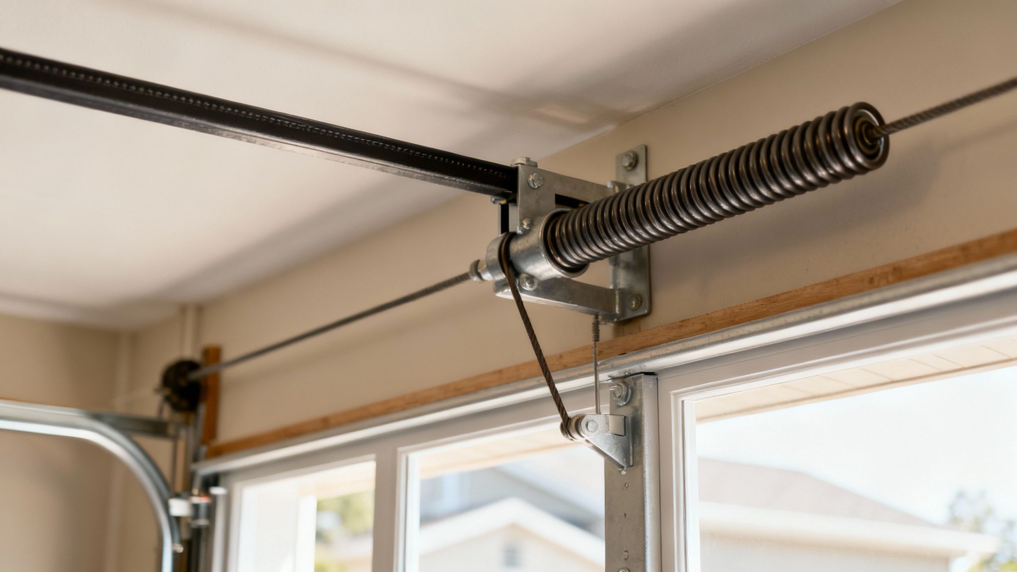 Gros plan sur un ressort de torsion de porte de garage, des câbles et une partie de la piste.