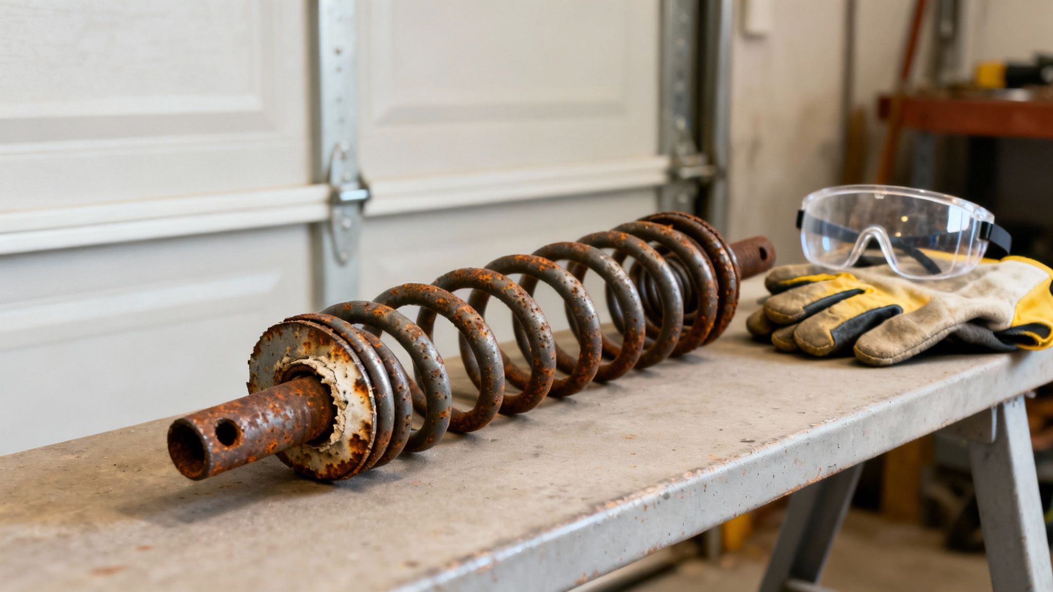 Ressort de porte de garage rouillé, lunettes de sécurité et gants de travail sur un établi en atelier.