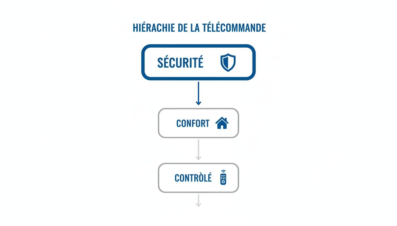 Un diagramme hiérarchique des fonctions d'une télécommande, illustrant la sécurité, le confort et le contrôle.
