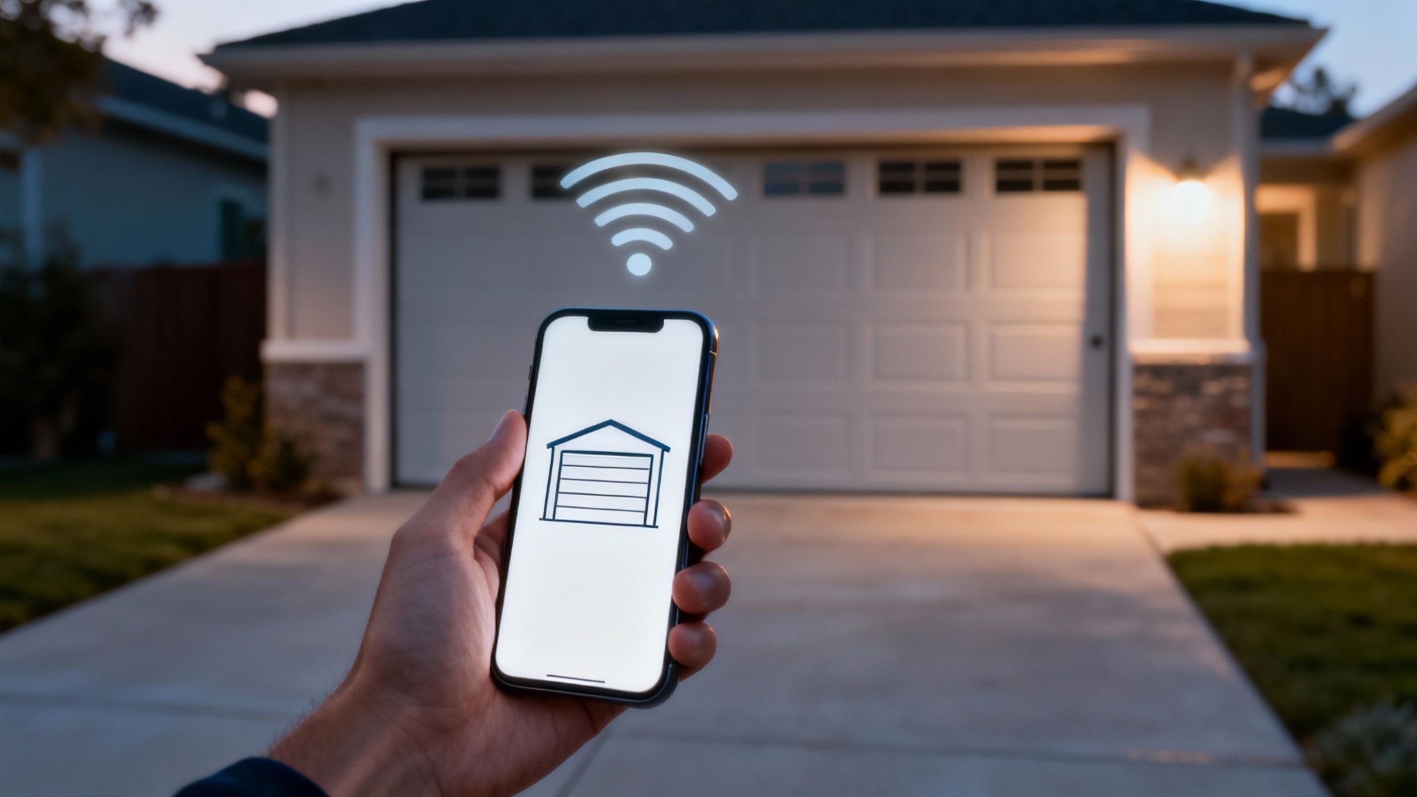 Une main tient un smartphone affichant une icône de garage et un signal Wi-Fi, devant une maison avec porte de garage connectée.