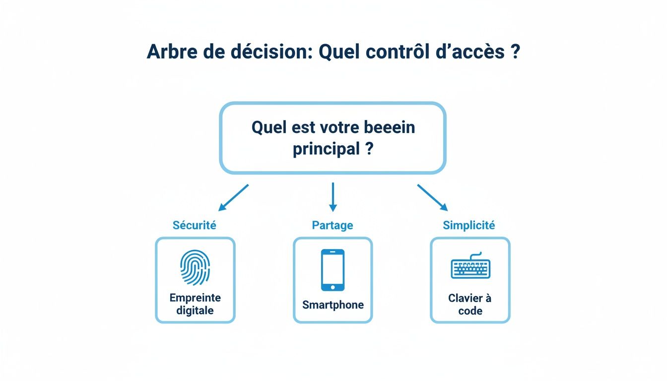 Arbre de décision sur le contrôle d'accès : sécurité (empreinte), partage (smartphone), simplicité (clavier à code).