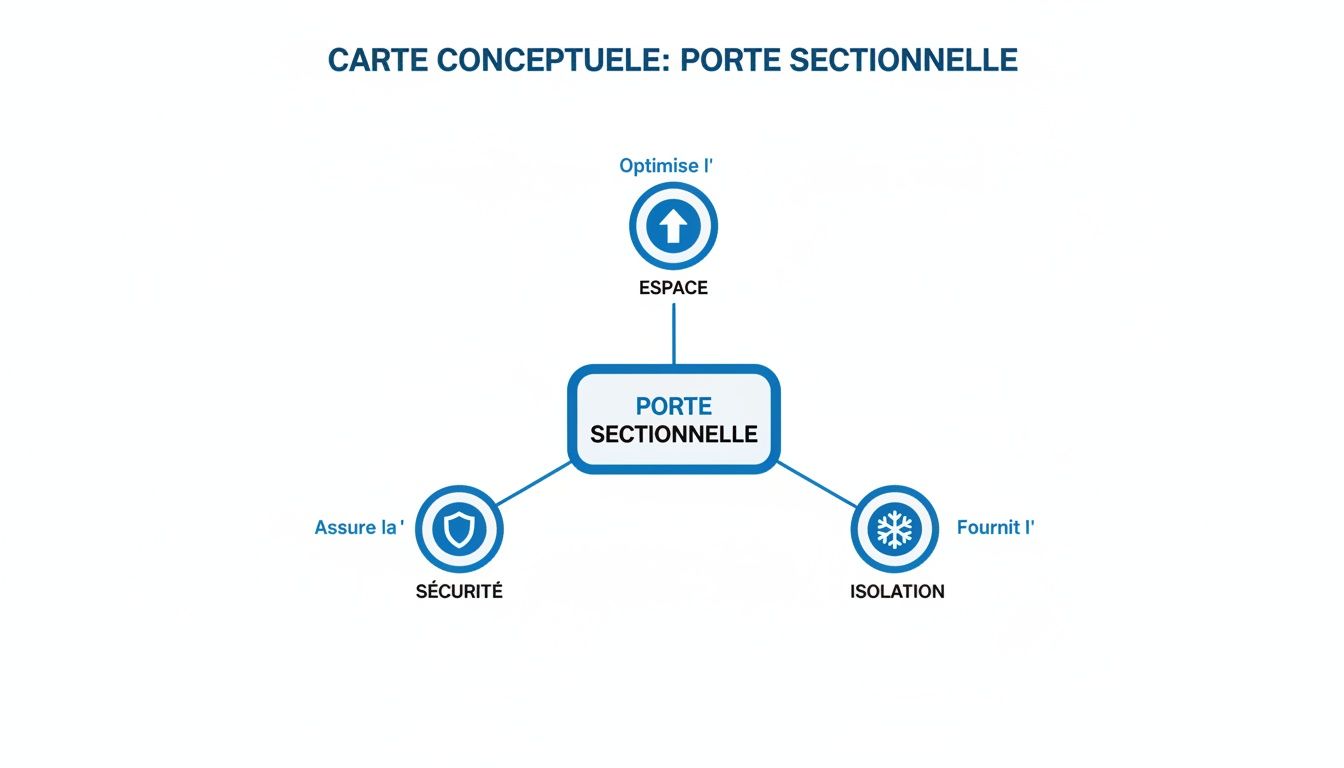 Carte conceptuelle détaillant les bénéfices d'une porte sectionnelle : optimisation de l'espace, sécurité et isolation thermique.