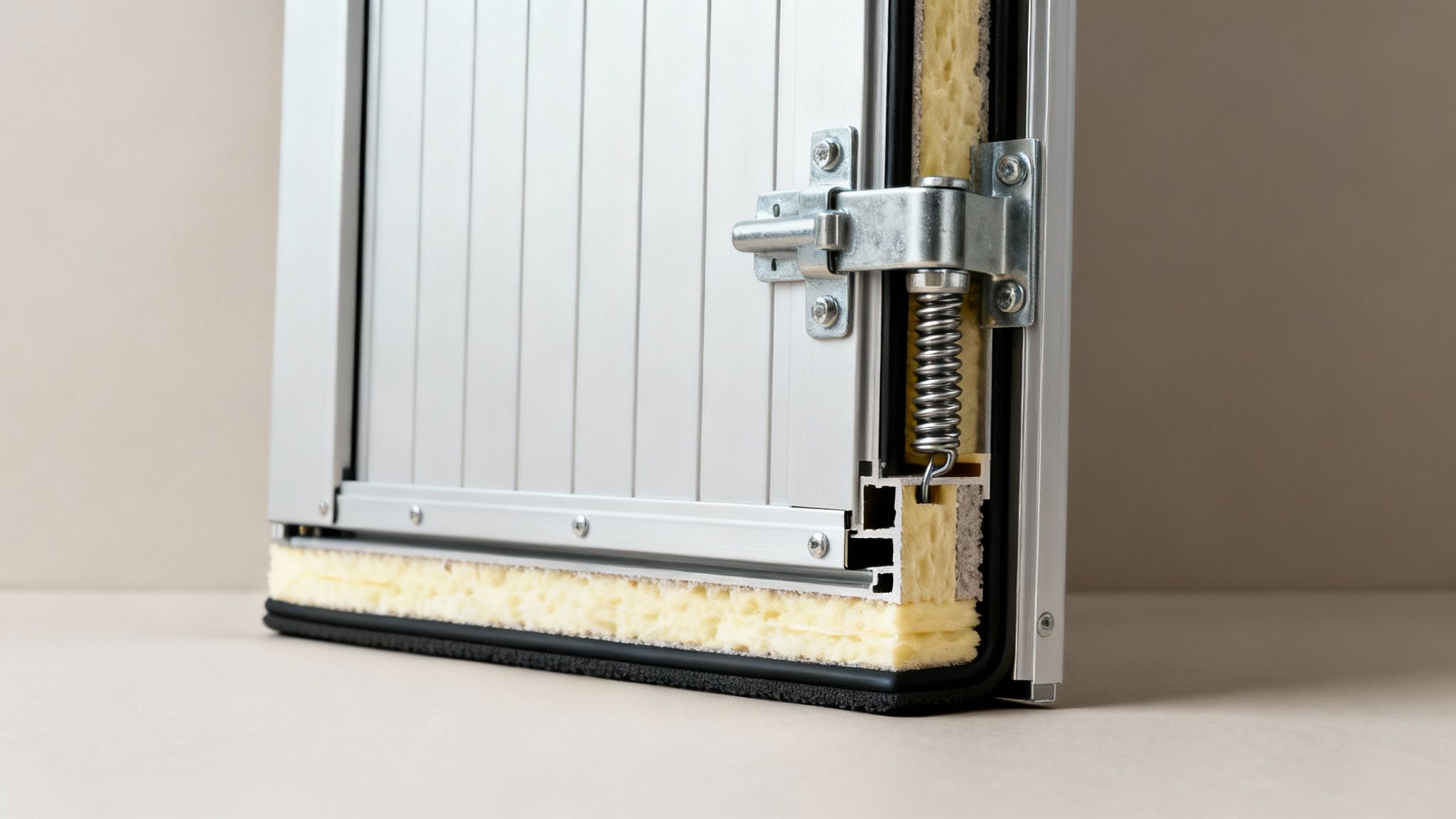 Coupe transversale détaillée d'une porte sectionnelle industrielle, montrant l'isolation, le mécanisme de verrouillage à ressort et les joints d'étanchéité.