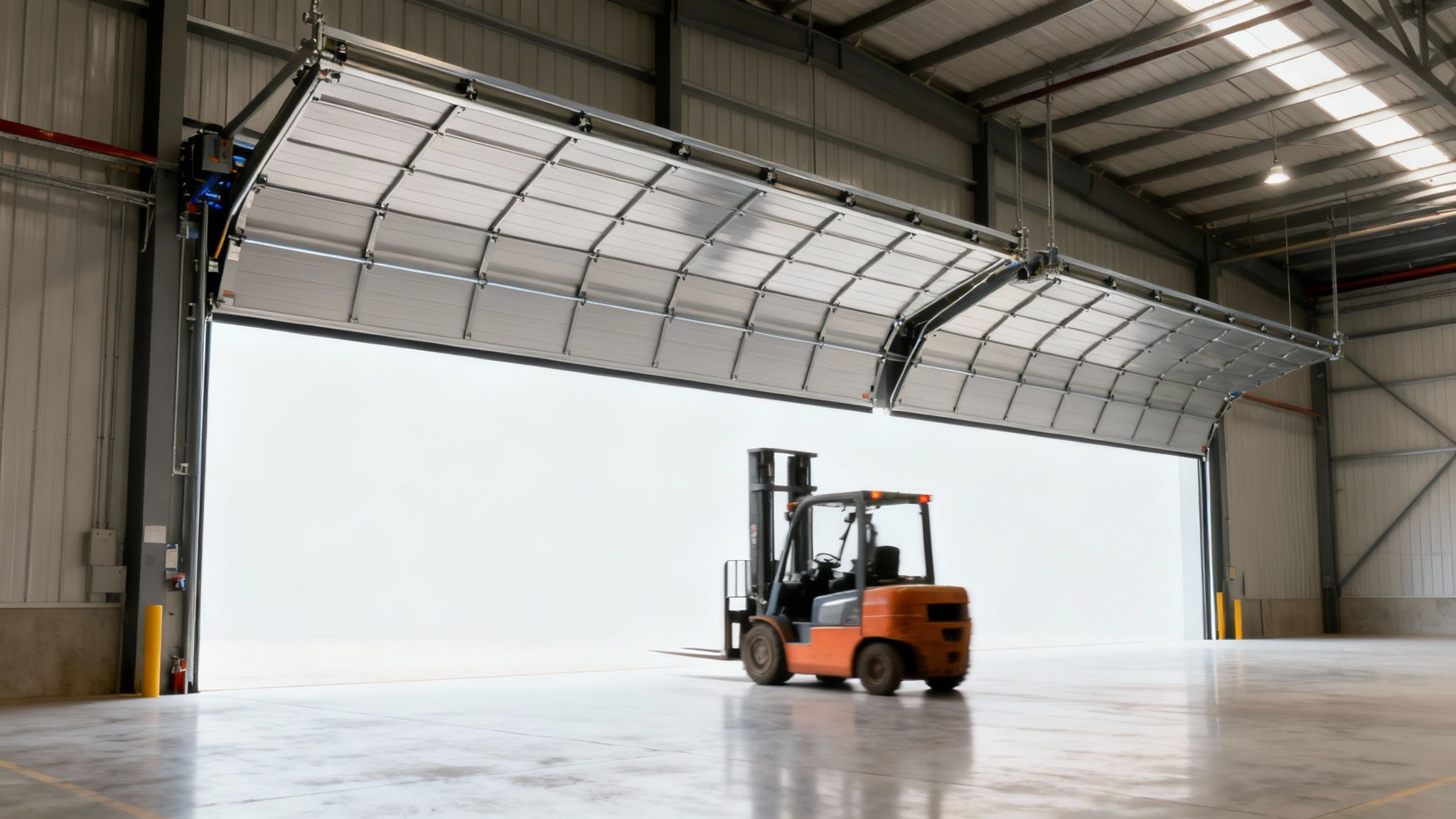 Grande porte de garage industrielle sectionnelle ouverte dans un entrepôt moderne avec un chariot élévateur orange.