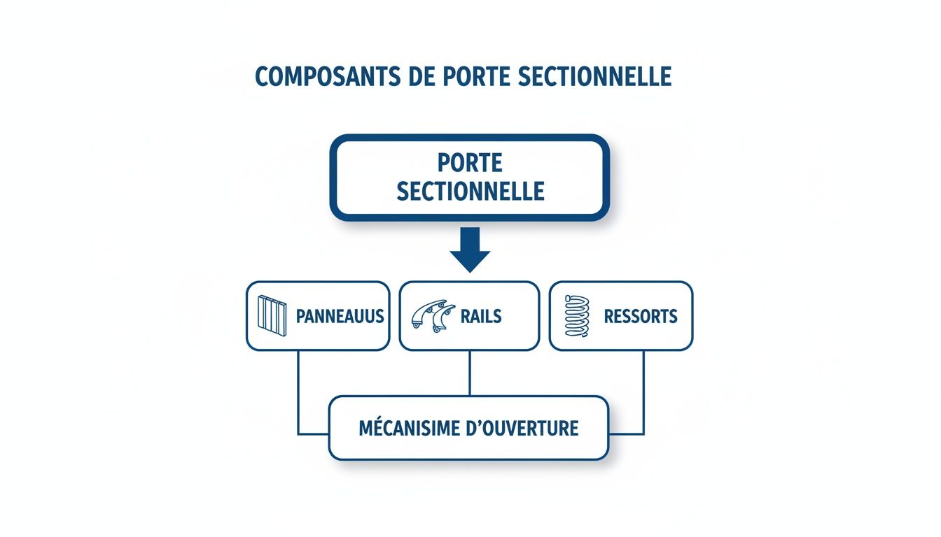 Schéma illustrant les éléments clés d'une porte sectionnelle industrielle : panneaux, rails, ressorts et mécanisme d'ouverture.