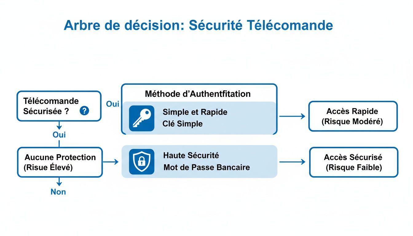 Arbre de décision illustrant la sécurité des télécommandes, les méthodes d'authentification et les niveaux d'accès et de risque associés.