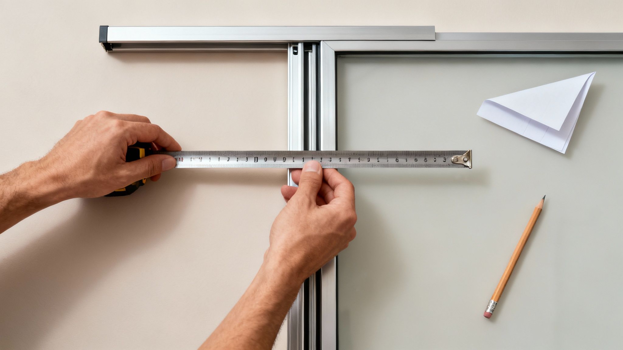 Des mains mesurent un cadre métallique pour porte coulissante avec un ruban à mesurer. Un crayon et du papier sont à côté.