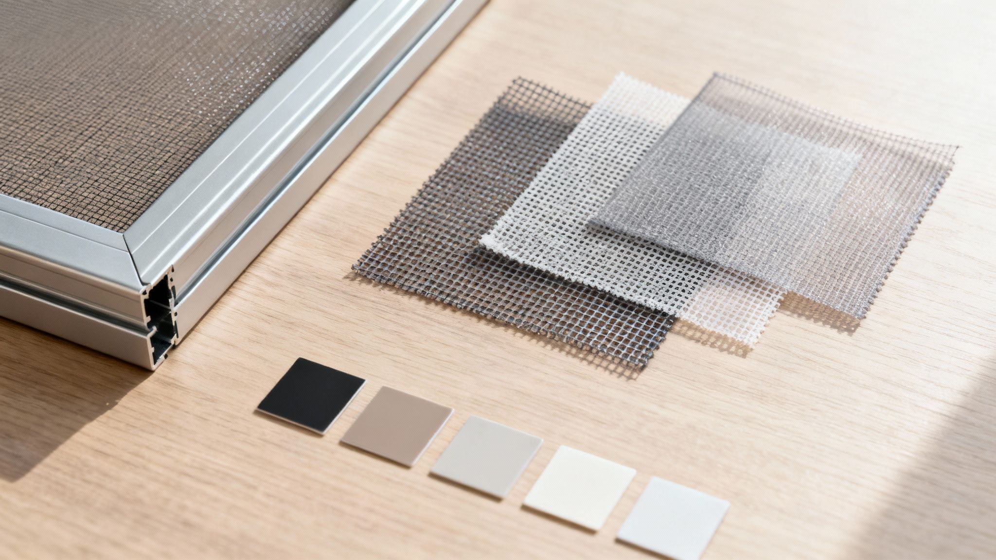 Cadre de moustiquaire, divers échantillons de mailles et nuancier sur table en bois.