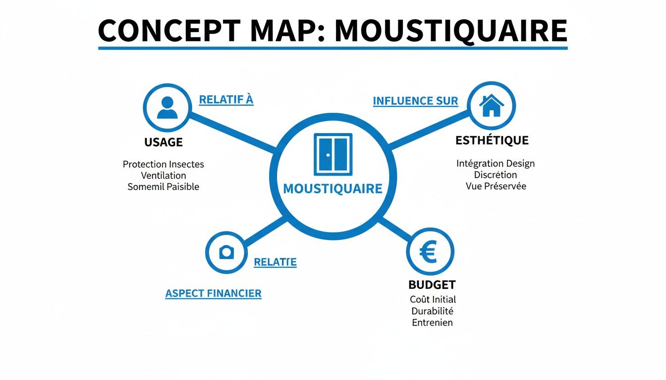 Carte conceptuelle détaillée sur les moustiquaires, illustrant leur usage, l'esthétique, les aspects financiers et le budget.