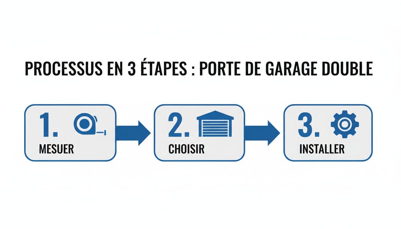 Processus en 3 étapes pour une porte de garage double : mesurer, choisir, installer.