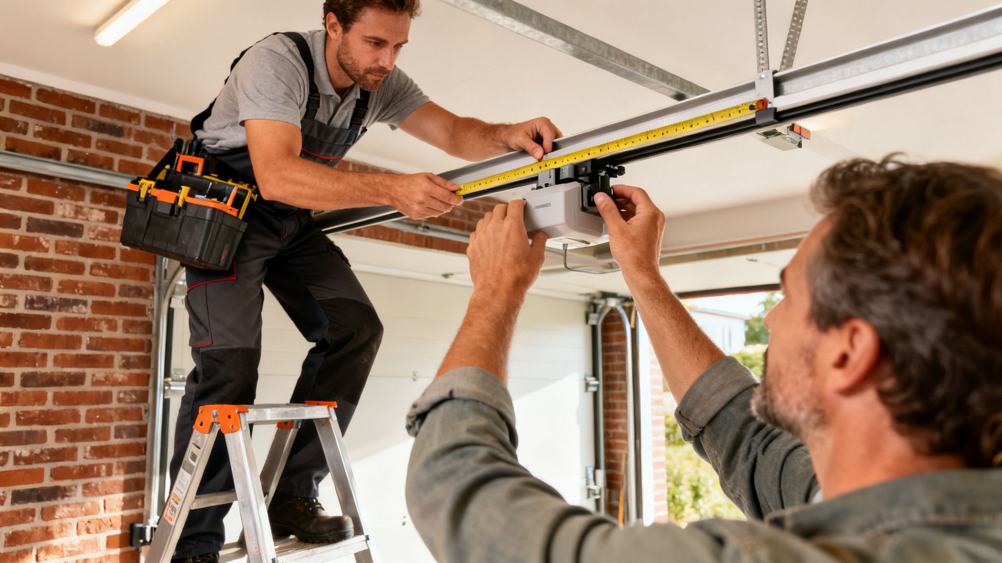 Deux hommes installent une motorisation de porte de garage, l'un mesure, l'autre aide, travaillant ensemble.